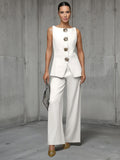 Women's Fashion Gold Buttoned Vest Trousers Two-Piece Casual Suit Women