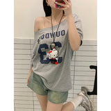 Pure Lusty Shoulder-Sleeved Short-Sleeved T-Shirt Girl Summer Loose Simple Style Thin Sweet Hot Girl Slack Feel Top