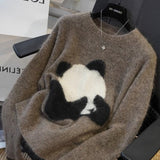 Designing Cartoon Panda Knitted Women 2025 Autumn And Winter New Chic Sweater Loose Top Inside The Bottom