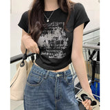 Sweet Hottie Round Collar Shoulder Short Sleeve Top Design Small Print High Waist Thin Small T-Shirt