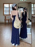 Blue Hanging Neck Slings Crumice Waist Dress Women 2025 New Summer Lace French Dress Seaside Holiday Wind
