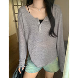 Gray Loose Lazy Wind Early Autumn Long Sleeves Sunscreen Air Conditioning Hood T-Shirt Girl Summer Half-Opened Collar Loose Feel Top