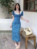 French Collar Lace Spliced Blue Floral Dress Dress Women's Summer 2026 New Holiday Style Waist Dress