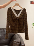 Curry Lace V-Neck High-End Feel Two Long-Sleeved T-Shirt Thick Winter Body Inside And Outside To Wear Clothes