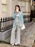 Water Blue Design Stitching Temperament Long-Sleeved Knitted Sweater 2026 Autumn And Winter Loose Thin Lazy Wind Coat