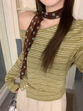 Vintage Design Feel Green Striped Button Collar Open Shoulder T-Shirt 2026 Early Autumn New Loose Long-Sleeved Top Woman