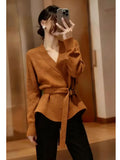 Vintage V-Neck Knitted With Belt Sweater Women's Autumn/Winter 2025 New Loose Lazy Inside The Bottom Shirt Top