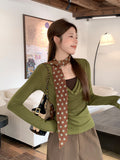 Green Fake Two Sweet Hot Girls Slanted Shoulder Collar Slimming On The Shoulder Long-Sleeved T-Shirt Girl Autumn Bottom Shirt