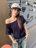 Slanted Shoulder T-Shirt Women's Short Sleeves 2026 Summer New Loose Thin-Skinny Shoulder Blouse