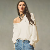 V-Necked Fashion Casual Waffling Shoulder Sleeves Sweater Movement Languid Autumn And Winter Top
