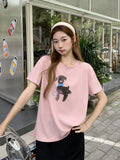 Printed Cartoon Puppy Gray Round Collar Is Shoulder Lanky Lanky Short-Sleeved T-Shirt Summer New Simple Clad Top