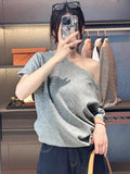 Korean Pure Cotton Oblique Shoulder Shoulder Two Short-Sleeved T-Shirt Women 2025 Summer Light And Cool Lazy Loose Top