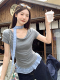Lattice Wood Ear Splicing Hem Short-Sleeved T-Shirts For Summer Women's New Collar Folds And Thin Belt Neck Small Tops