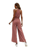 New Commuting Style Solid Fashion Tight Waist Wide Legs Slings Jump-Joint Pants