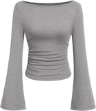 Hottie Solid Color Boat Collar Horn Sleeve T-Shirt Girl 2025 Autumn Dress Folds Thin Tops Long Sleeve