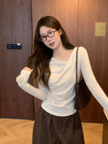 Apricot Out Shoulder Collar Long-Sleeved T-Shirt Girl 2026 Autumn Sweet Hottie Design Folded Waist One-Word Shoulder Coat