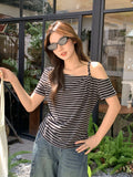 2026 Summer Beautiful Design With A Sense Of Color Stripes Unique Short-Sleeved T-Shirt Women's Oblique Shoulder-To-Shoulder Loose Chic Top