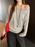 Vintage Hot Diamond Rivet Embroidered Slanted Shoulder Long-Sleeved T-Shirt 2026 Autumn New Loose Design Feel Blouse Woman