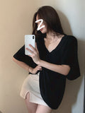 Large-Size Fat MM Korean Version Of Leisure Lazy Wind V-Neck Short-Sleeved T-Shirt Women's Summer New Loose Thin Meat Clothes