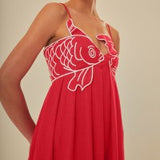 Women's Sweet Style Embroidery Sling Skirt Goldfish Shoulder Strap Loose Dress High-Waisted Loose Long Dress