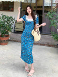 French Collar Lace Spliced Blue Floral Dress Dress Women's Summer 2026 New Holiday Style Waist Dress
