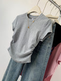 Grey Shoulder Short-Sleeved T-Shirt Women 2025 Summer New Folds To Receive Skinny Hottie Short Cotton Top