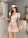 Pink Shoulder Short Sleeve Polo Shirt T-Shirt Girl Summer V Collar Top 100-Fold A-Word Half-Dress Skirt Suit