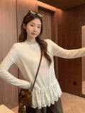 Early Autumn Wear Temperament Grid Slim Thin Long-Sleeved T-Shirt Splicing Lace Under The Hem Of The Bottom Shirt Top Woman