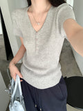 Casual Simple Solid Color Half-Open Collar Leakage Collar Collar Short-Sleeved T-Shirt Women's Summer New Thin Temperament Knitted Shirt Top
