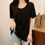 Summer New Cotton Short-Sleeved T-Shirt Women's White U-Collar Chic Loose Low-Neck Base Shirt Top
