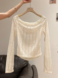 Pure Desire To Oblique Shoulder Lace Long-Sleeved T-Shirt 2026 Early Autumn Folded Waist-To-Bottom Shirt-Word Shoulder