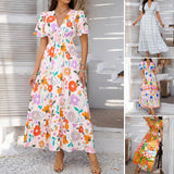 Dili 2025 Spring/Summer Leisure Bomichian Holiday Wind Print Clammed V Collegiant High Waist Short Sleeve Dress