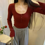 Chic Buckle Thread U-Neck T-Shirt Girl 2025 Spring And Autumn New Long-Sleeved Bottom Shirt Short Low-Neck Top