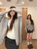 Grey Lazy V-Necked Knitted Cardigan Women 2025 Early Autumn New Loose Long Sweater Jacket