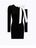 Hepburn Small Fragrant Wind Shoulder Bow Knitted Small Black Dress Woman Autumn Luxury High-End Evening Dress Dress