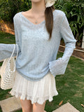 Blue Thin Transparent Sunscreen Long-Sleeved T-Shirt For The Summer New Wooden Ear Design Air Conditioning Hood V Collar Top