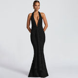 2025 Sexy Deep V-Dex-Back Hip Dress New Folded Tuxedo Fishtail Dress