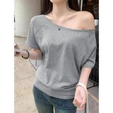 2025 Summer Slack Wind Collared Shoulder T-Shirt Size Fat MM Thin Simple Cotton Top
