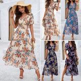 Dili Women's Clothing 2025 Spring And Summer Temperament Print Waist Short-Sleeved Dress