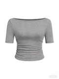 Hottie Solid Color Boat Collar Horn Sleeve T-Shirt Girl 2025 Autumn Dress Folds Thin Tops Long Sleeve