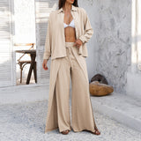 Dili 2025 Spring And Summer Leisure Holiday Wind Solid Shirt Broad Leg Trousers Women's Clothing 2 Sets