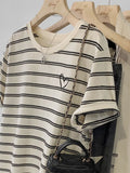 Crash Striped Short-Sleeved T-Shirt Women 2025 New Summer Loose Visky Retro Embroidery Top