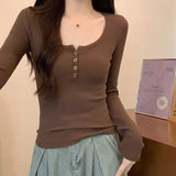 U Collar Shoulder Short Long-Sleeved T-Shirt Girl Autumn New Gray Simple Hot Girl Style Bottom Shirt