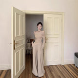 High-Level Temperament Suit Women 2025 New Autumn And Winter Word Shoulder Long Sleeve Tops Wide Legs Long Pants Two Sets