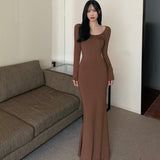 Sexy Long-Sleeved Dress Women's Autumn 2025 New Coffee Dress On The Bottom Of The Dress Body Fishtail Ass Skirt