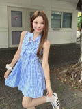 French Blue Sleeveless Hanging Neck Lattice Dress Women's Summer 2026 New Small Man Holiday Short Skirt