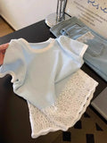 Korean Fresh Lace Side Splicing Hollow Short-Sleeved T-Shirt For Women's Summer French Ice Collar Collar