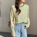 Striped Long-Sleeved T-Shirt Women 2026 Spring And Autumn New Loose Cotton Green Thin Bottom Shirt Inside The Top