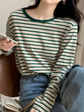 Striped Bottom Shirt Women In The Spring And Autumn Collar Loose Thin Long-Sleeved T-Shirt Casual Outside To Put On Clothes