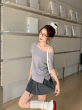 Lazy Sloping Slanted Shoulders Short-Sleeved Women 2026 Summer New Gray Leisure Loose Temperament T-Shirt Top